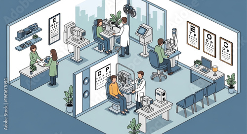 Isometric View of a Busy Optometry Clinic with Patients and Doctors.