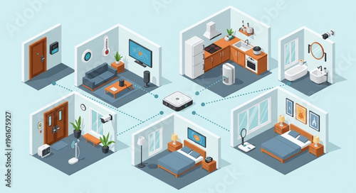 Isometric Smart Home Automation System with Connected Rooms.