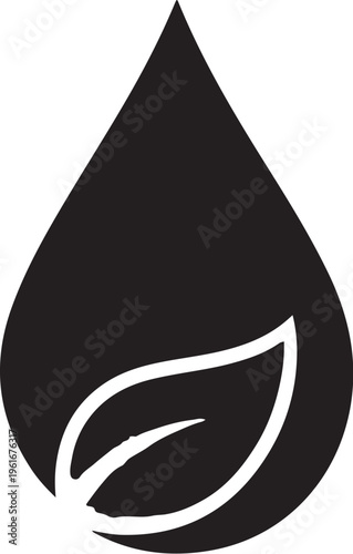 Black leafy waterdrop icon, eco symbol, green logo, droplet illustration