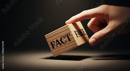 Hand dropping wooden blocks with fact and fake labels into a dark hole