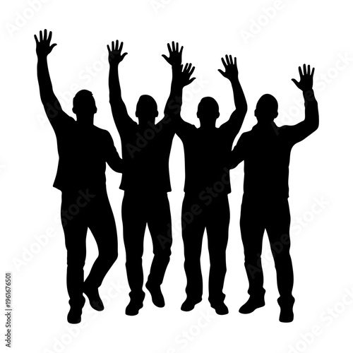 Silhouette of Four Friends Cheering Together.