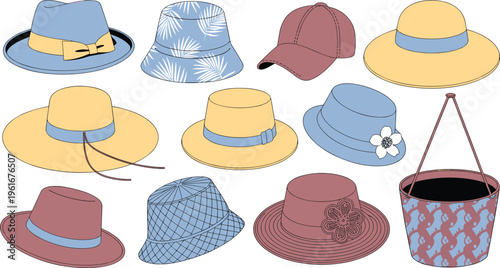 Trendy hat collection set with bucket hats, caps and summer accessories isolated on white background, flat vector fashion illustration