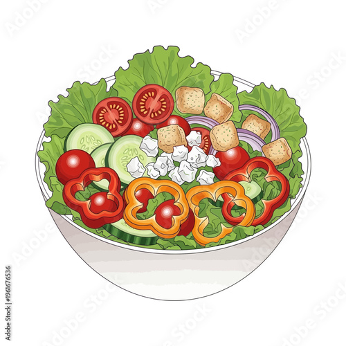 Fresh Garden Salad with Feta Cheese and Croutons