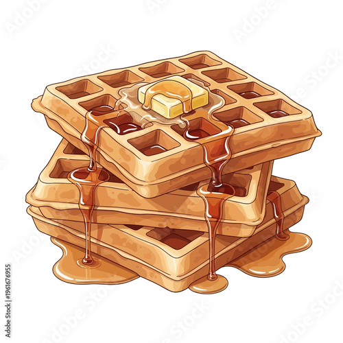 Stack of golden waffles with melting butter and dripping syrup