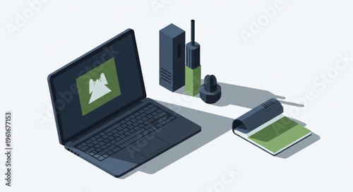 Isometric Workspace - Laptop, Radio, Notepad, and Accessories.