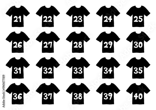 21から40までの数字が書いてある黒いシャツの手描きイラストセット