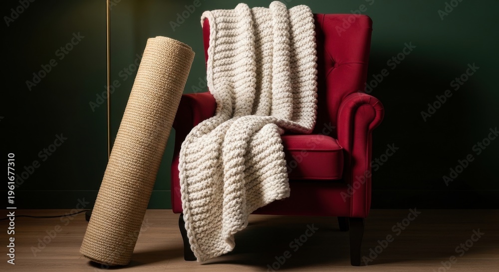 Fototapeta premium Rolled jute rug and cream knitted blanket draped over a rich red armchair in a cozy home setting