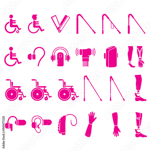 Disability and Rehabilitation Icons Silhouette Vector - Wheelchair, Hearing Aid, Prosthetic Leg and Arm, Medical Accessibility