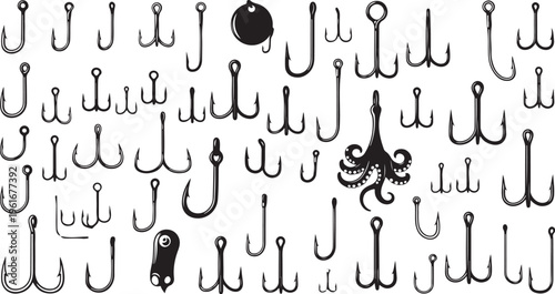 Fishing hooks in various shapes and sizes illustration
