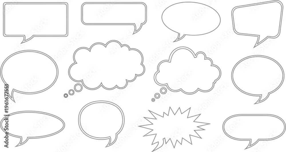 Fototapeta premium Two empty gray speech bubbles with double outline on white background, copy space for text