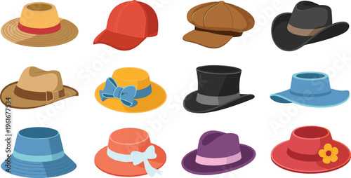 Colorful hat collection set with various styles including caps, cowboy and bucket hats isolated on white background vector illustration
