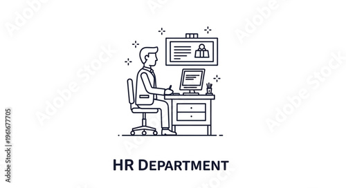 HR Department Illustration - Employee at Desk with Monitor and File Cabinet.