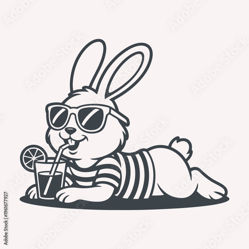 Cute bunny lying and drinking juice summer mascot vector illustration. Perfect for fun cartoon mascot branding and lifestyle graphics.