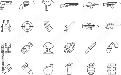 Weapon and Armament Line Icons Set - Firearms, Explosives, Ammunition, and Tactical Gear Vector Illustration