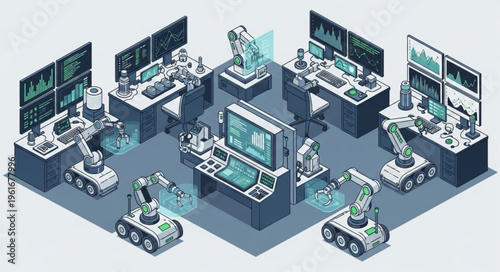 Isometric View of a Futuristic Control Room with Robots.