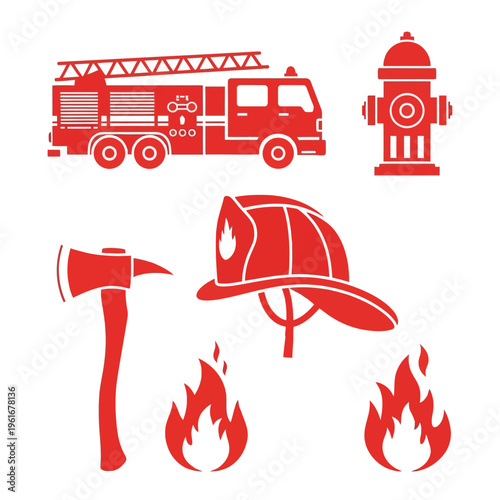 Firefighter equipment and vehicle icons red silhouette.