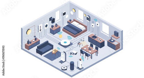 Isometric Smart Home Interior Design with Connected Devices.