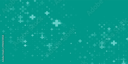 Seamless background pattern of evenly spaced white plus symbols of different sizes and opacity. Vector illustration on teal background with stars.Vector