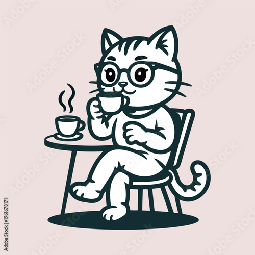 Cute cat drinking coffee and reading book mascot vector illustration. deal for cartoon projects logos posters social media graphics and fun character design.