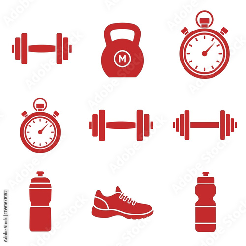 Fitness Equipment Icons Set Red Color.