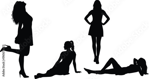 Black silhouette of a woman's legs in high heels and stockings against a white background, cropped view