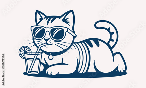 Cute cat relaxing and enjoying juice drink mascot illustration. Perfect for beverage branding creative projects and playful mascot design.