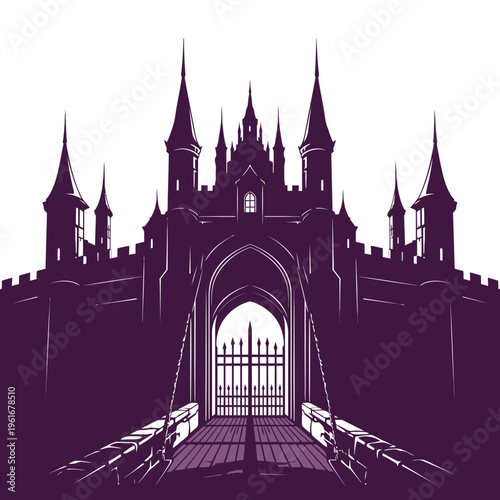 Gothic Castle Silhouette with Drawbridge and Gate.