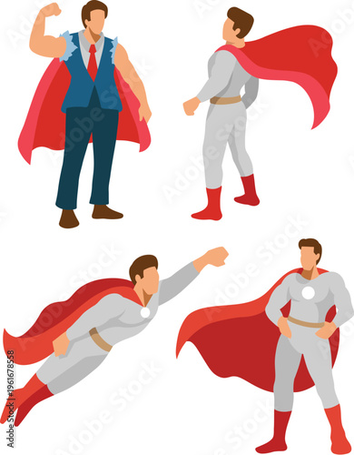 Strong character superhero with red cape pose flat design illustration