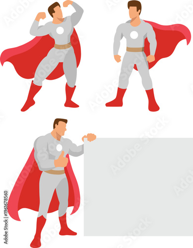 Strong character superhero with red cape pose flat design illustration
