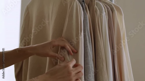 Clothing Display Adjustment. Closeup Of Fingers Organizing Neutral Toned Apparel In Boutique Setting