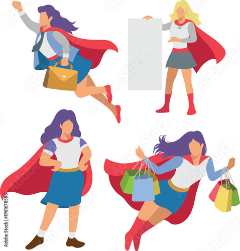 Strong character female superhero with red cape pose flat design illustration