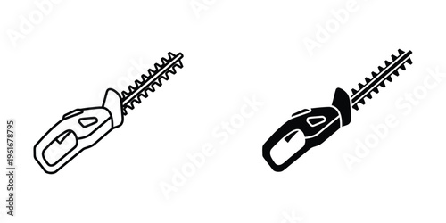 Two different hedge trimmer blades shown in contrasting styles and orientations