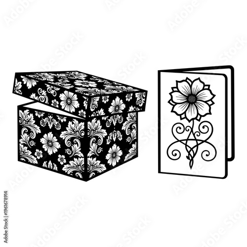 Elegant black floral gift box and matching card with intricate designs Vector, illustration