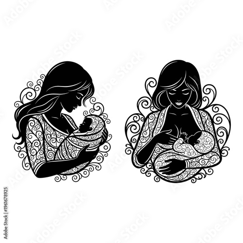 Elegant black and white illustrations of nurturing mothers and childhood bonding Vector, illustration