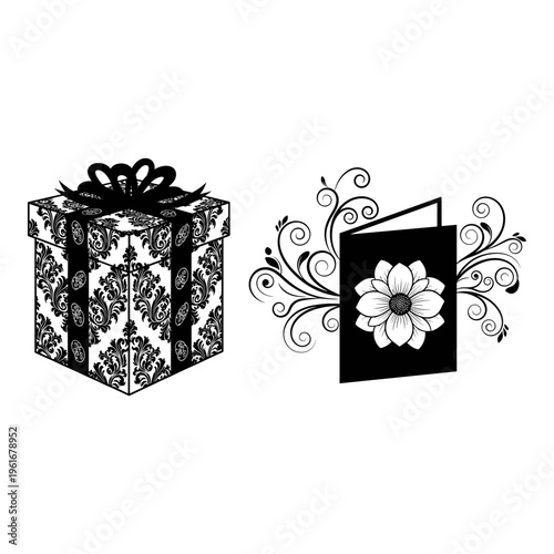 Elegant gift box and decorative envelope with floral design elements Vector, illustration