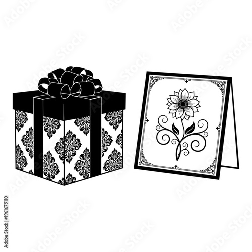 Elegant gift box and decorative floral card illustration in monochrome design Vector, illustration