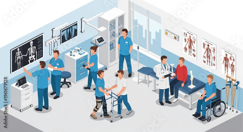 Isometric View of Physical Therapy Clinic with Patients and Staff.