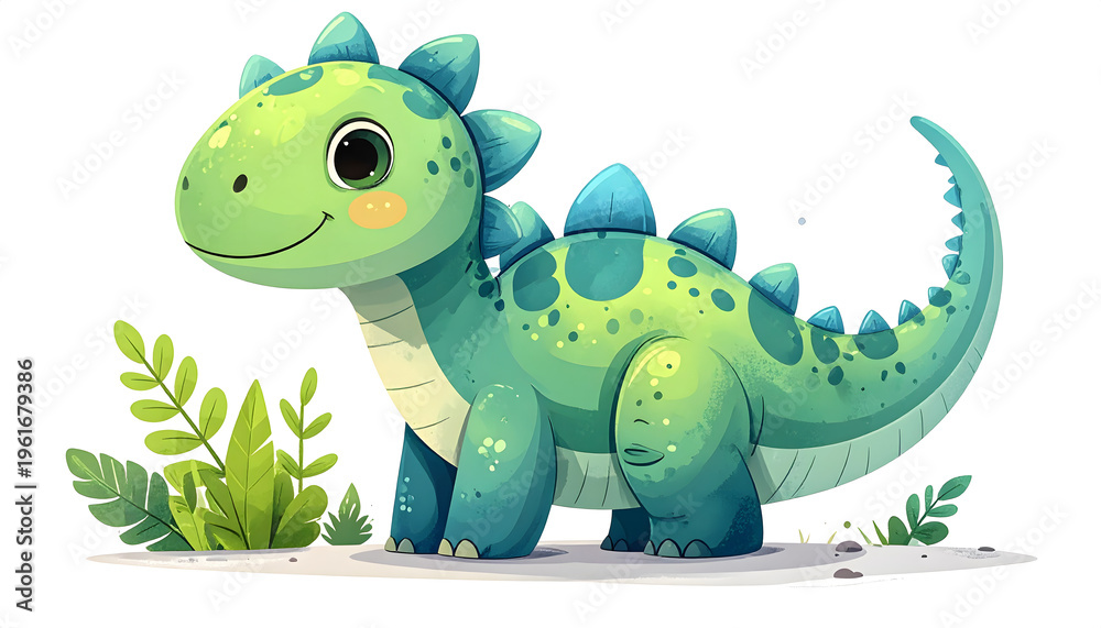 Obraz premium A cute green baby dinosaur character vector illustration featuring a happy cartoon dragon with a funny smile and wild nature reptile features in a fun comic drawing style