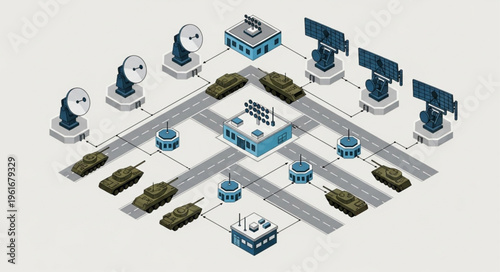Isometric Military Network - Tanks, Radar, and Command Centers.