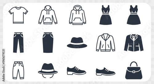 Clothing Icons Set - T-shirt, Hoodie, Dress, Pants, Hat, Shoes, Bag.