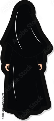 A silhouette illustration of a woman wearing a burqa stands against a plain white background with her hands at her sides.