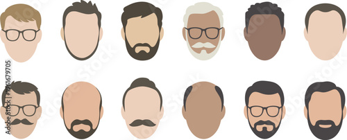 Minimalist flat vector avatar collection featuring diverse men with various hairstyles beards and glasses for user profile icons and web design.