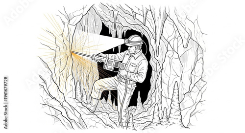 Sketch of a spelunker exploring a dark cave with a light.