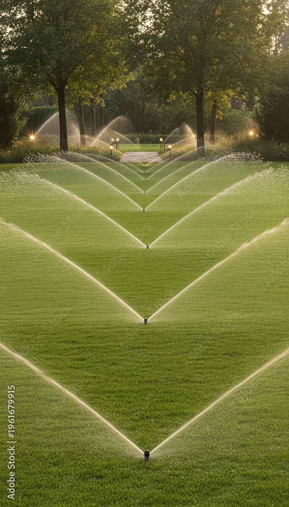 Obraz premium Lawn sprinkler system watering green grass in park. Automatic irrigation equipment spraying water in garden. Essential maintenance technology for landscaping and residential turf care.