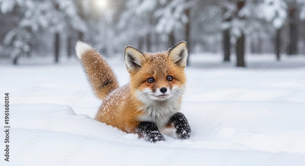 Fototapeta premium Adorable young fox peeking out of fresh snow in a winter forest