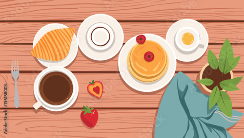 A warm and inviting flat lay scene featuring coffee and a pastry. Perfect for illustrating breakfast themes, cafe promotions, or a cozy lifestyle.