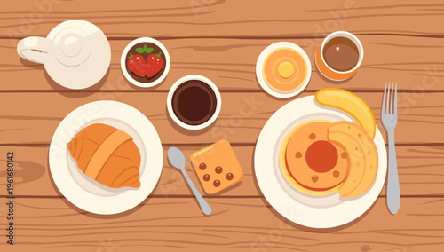 A cozy and inviting image of a croissant and coffee. Perfect for depicting breakfast, brunch, or a relaxing cafe atmosphere in marketing or blog conte