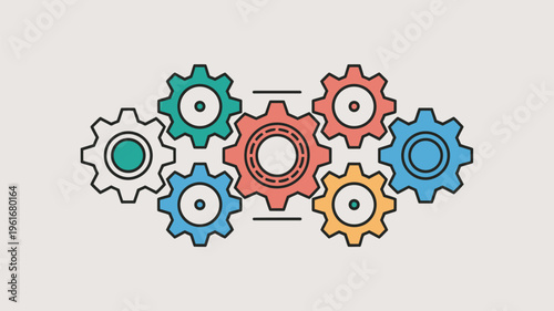 A colorful illustration of interlocking gears in various colors representing teamwork and mechanical harmony
