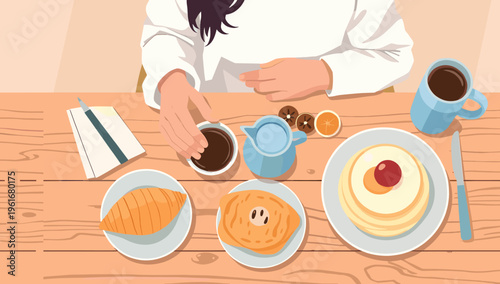 A cozy and inviting flat lay featuring a croissant and coffee. Ideal for lifestyle blogs, breakfast-themed marketing, or social media content promotin