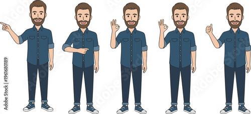 .Smiling bearded man character set in casual denim outfit showing various hand gestures like thumbs up pointing and okay sign, flat vector illustration isolated on white background.